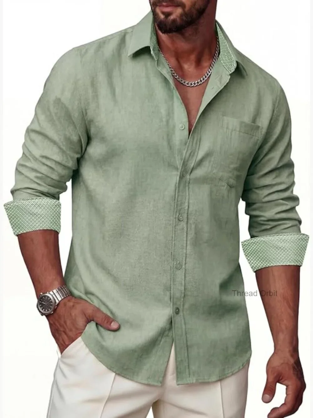 Mens Linen Button Down Shirt Long Sleeve Casual Dress Shirt Regular Fit Pocket